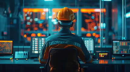 Engineer in helmet operating control panel in industrial environment.