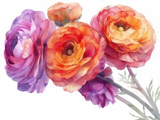 Ranunculus colorful flower watercolor isolated on white background