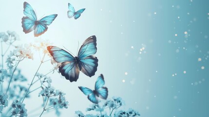   A group of blue butterflies flies above white-flowered plants against a backdrop of blue sky - obrazy, fototapety, plakaty
