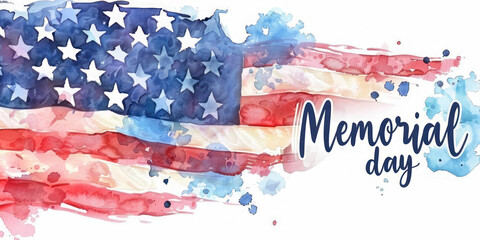 A watercolor style painting of the American flag with a splashed texture, symbolizing the nation's enduring spirit and commemorating Memorial Day.