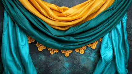   A close-up of a blue-yellow cloth with a yellow bead at one end and another at the other - obrazy, fototapety, plakaty