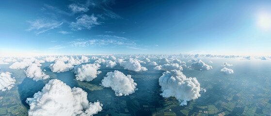Panoramic view from high altitude showcasing the curvature of the earth, captured through drone photography with realistic cloud formations