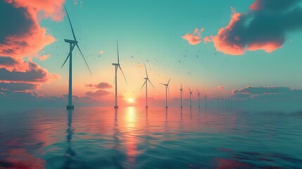 Clean Energy Solutions: Stylized Wind Turbines at Sea