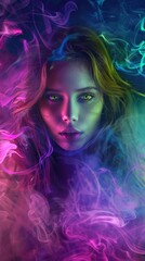 A beautiful girl with long hair, green eyes and purplepink color scheme. She is surrounded by colorful smoke, creating an atmosphere of mystery and magic.