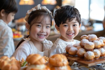 Delight in the joy as a happy kid and his sister have a wonderful time at a hotel buffet breakfast with their parents. Together, they create special memories amidst the delectable array of breakfast 
