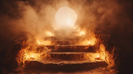   A set of stone steps ascends toward a beacon of light at tunnel's end, emitting smoke