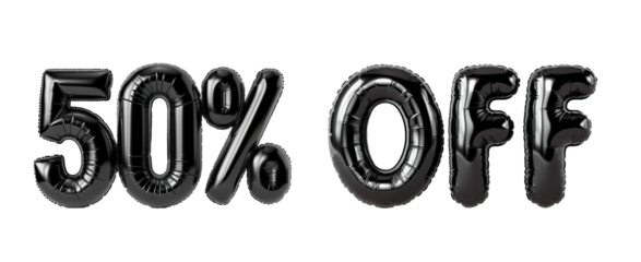 Photo with inflatable black letters and numbers "50% OFF". Minimalistic balloon fifty percent lettering isolated on a transparent background