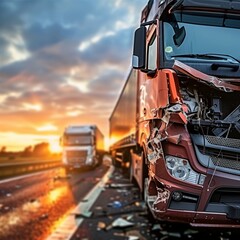 Dramatic truck crash scene at sunset