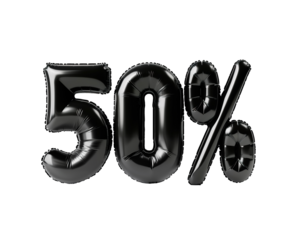 Photo with inflatable black numbers "50% ". Minimalistic balloon lettering isolated on a transparent background