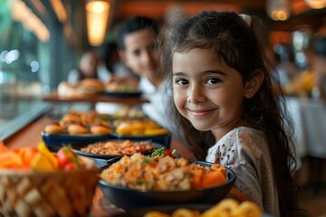 Delight in the joy as a happy kid and his sister have a wonderful time at a hotel buffet breakfast with their parents. Together, they create special memories amidst the delectable array of breakfast  - obrazy, fototapety, plakaty