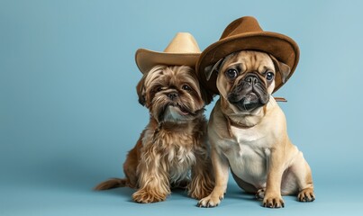 Brown shih tzu and light French bulldog sit back to back, wearing cowboy hats, solid blue background.