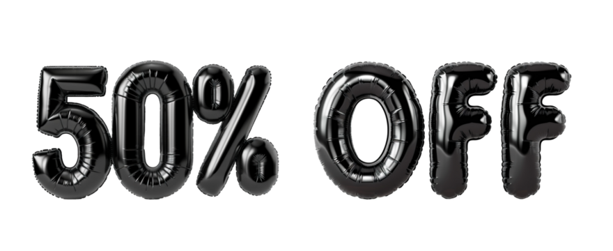 Photo with inflatable black letters and numbers "50% OFF". Minimalistic balloon fifty percent lettering isolated on a transparent background