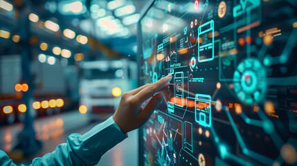 A logistics manager explaining the benefits of AI in supply chain management, using a 3D model of...