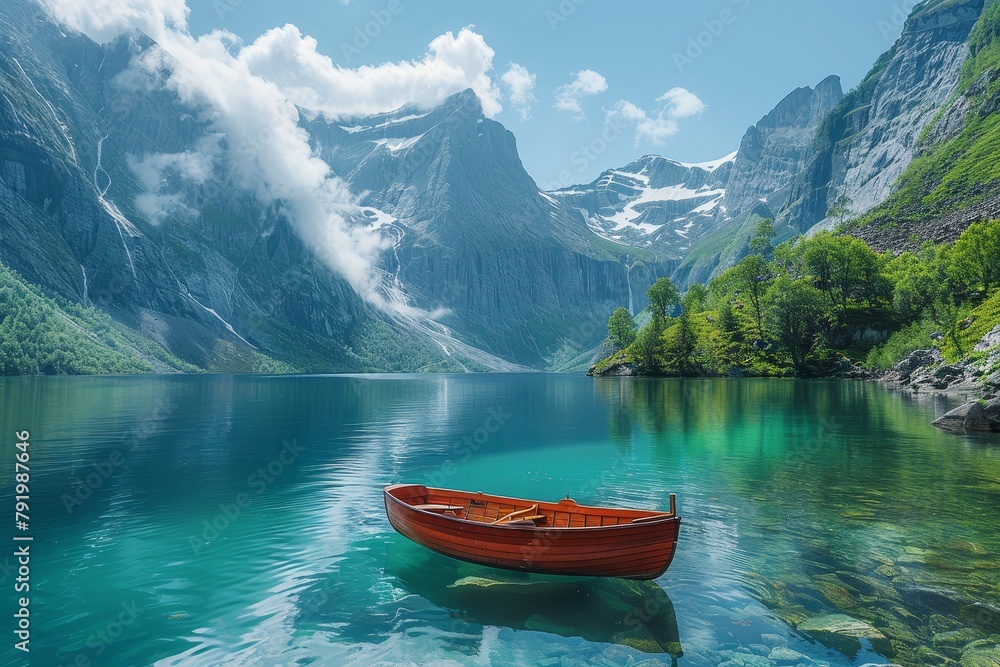 Poster crystal-clear lake reflecting the breathtaking mountain range with a single red boat adding a pop of