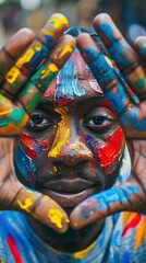 A close-up portrait of an individual with their hands painted in vibrant colors, creating a visually striking and colorful expression on the face.