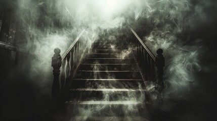   Two individuals on a stairs' edge, facing a stairway shrouded in fog, ascending to the top