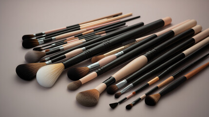 Fototapeta premium Diverse collection of makeup brushes in various styles, isolated white background modern look