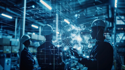 A group of logistics professionals discussing the impact of AI on supply chain operations, with a background presentation detailing technological advancements. , natural light, sof