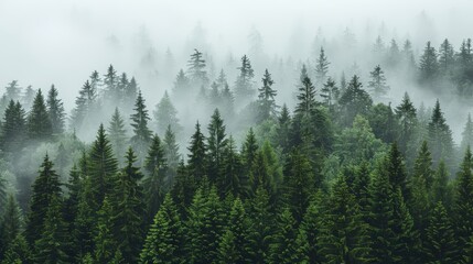   A forest filled with many trees shrouded in fog, densely layered and heavy with it - obrazy, fototapety, plakaty