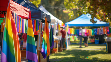 Informational booths at a Pride event, providing support and resources to the community, enhancing inclusivity and engagement. , natural light, soft shadows, with copy space