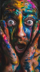 Obraz premium A person with colorful paint on their face, covering one eye and pointing to the other with both hands. The colors include bright blue, green, yellow, pink, red, purple, orange