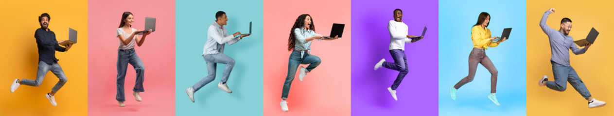 Joyful People Leaping With Laptop Computers Against Multicolored Backgrounds