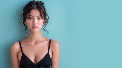 Fototapeta premium Beautiful girl in black bikini for summer activity advertising