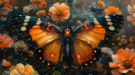 Watchful Wings: Oil Painting Portrays Garden's Security Monitored by Mechanical Butterflies