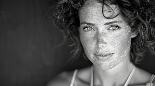   A black-and-white image of a woman with freckles on her face