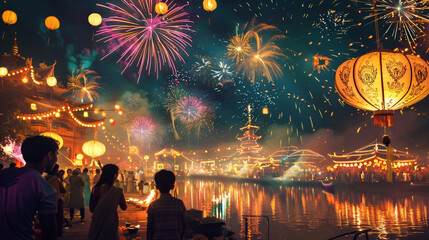 A vibrant Diwali celebration with people lighting up colorful lanterns and fireworks. - obrazy, fototapety, plakaty
