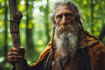 old druid or wizard in the forest, nature philosophy, irish folklore, healer