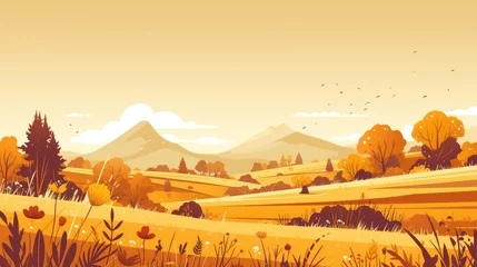 Gordijnen A stunning autumn scene featuring trees and mountains set in a rural landscape serves as the captivating backdrop for this 2d illustration Perfect for Thanksgiving Day banners the design ex © AkuAku