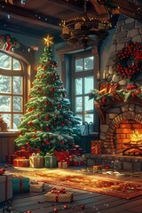 Christmas Magic A 2D cartoonstyle image of a room transformed by Christmas decorations, featuring a tree with presents, exuding a magical holiday charm 8K , high-resolution, ultra HD,up32K HD