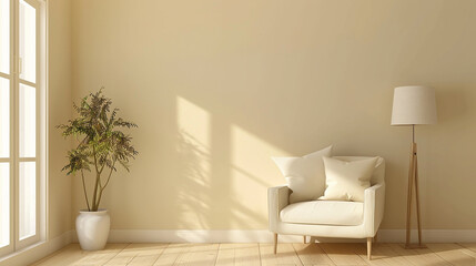 Imagine a serene living room corner adorned with a cream-colored wall, providing a soft backdrop for the scene