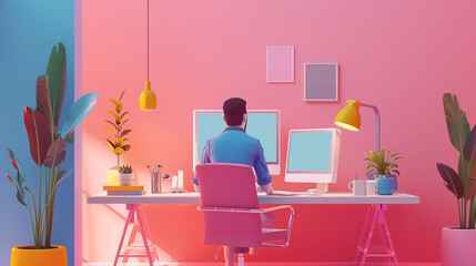 A man working in a colorful room