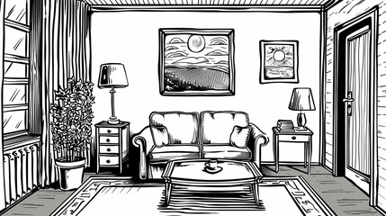 Illustrator living room in black and white style