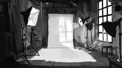 Illustrator studio room in black and white style