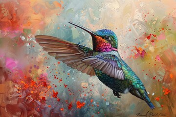 Broad Billed Hummingbird. Using different backgrounds the bird becomes more interesting and blends with the colors. These birds are native to Mexico and brighten up most gardens where flowers bloom - obrazy, fototapety, plakaty
