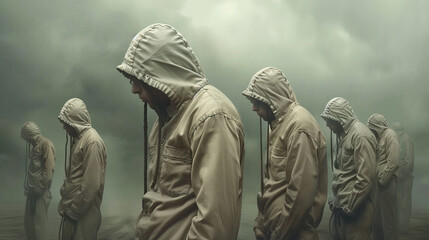 identically dressed people wearing beige hoods, standing with their eyes downcast against a gray overcast sky. an atmosphere of uniformity, introspection and general melancholy. - obrazy, fototapety, plakaty
