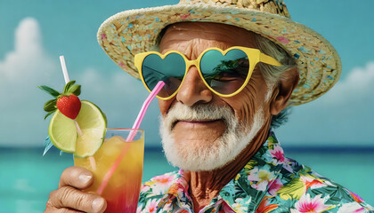 Rentner, mann, cocktail, neu, beach, tropisch, sonnenbrille, herz, pension, pensioniert, Rente,...