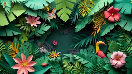 Papercraft art stock image of a paper jungle with a hidden temple, exotic animals and lush foliage, adventurous and mysterious mood