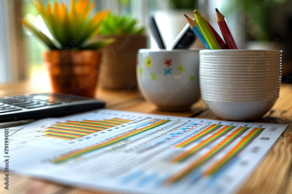 Poster an array of financial charts accompanied by colored markers on a desk, symbolizing analysis and stra