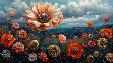 Cybernetic Blooms: Oil Painting Depicts Garden Alive with Intricate Mechanical Flowers - obrazy, fototapety, plakaty
