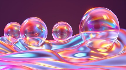   A collection of soap bubbles hover above a vibrant body of water filled with purple and pink hues against a backdrop of unbroken blackness