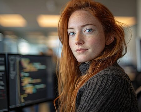 Stock image of a female coder at her workspace, focused yet approachable, dual monitors in the background