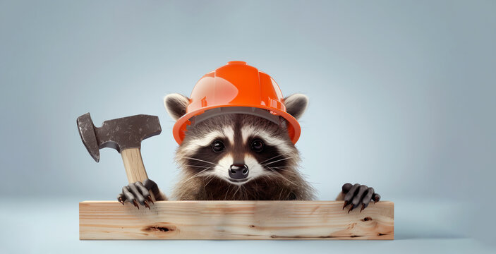 A raccoon wearing a hard hat and safety vest is holding a hammer and a saw. a playful mood, a raccoon is dressed in a construction outfit. a raccoon wearing a hard hat and carrying a hammer and level