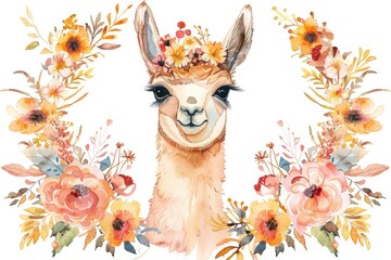 Fototapeta premium Llama with Flower Wreath