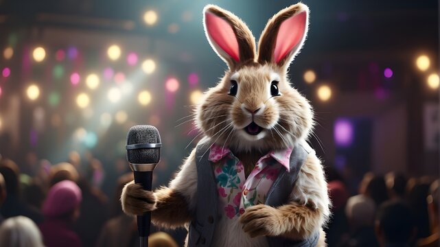 A photorealistic image of an Easter Bunny singing karaoke with a microphone. The scene captures the bunny's detailed fur, expressive facial features, and the microphone in a lifelike manner, highlight