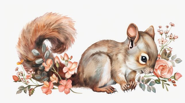 Squirrel and Flowers Watercolor Painting