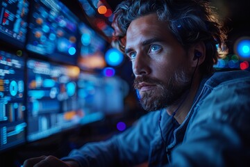 A technical operator controls a complex console, expertly navigating through multiple screens with colorful data displays